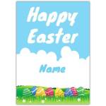 Personalised Happy Easter Card with Colourful Eggs in Meadow Design