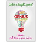 Well Done in Your Exams Bright Spark Lightbulb Congratulations Card with Personalised Name