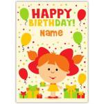 Personalised Girls Happy Birthday Card with Balloons and Presents Design