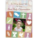 Personalised First Holy Communion Photo Card with Religious Symbols and Floral Design