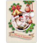 Personalised Merry Christmas Photo Bauble Family Holiday Card with Bells and Pine Design