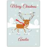 Personalised Skating Reindeer Christmas Card with Custom Name and Festive Lights Design