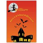 Personalised Have a Wicked Halloween Card with Witch Bats and Haunted House Design