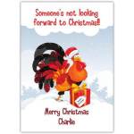 Personalised Christmas Card Featuring Reluctant Turkey with Hat and Gift for Festive Greetings