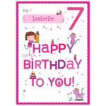 Personalised Happy 7th Birthday Card for Girls with Fun Pink Design and Characters