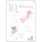 Personalised Girls 10th Birthday Card with Fairies and Hearts Design