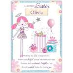 Personalised To A Lovely Sister Angel Birthday Card with Gifts and Balloon Design