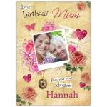 Personalised Happy Birthday Mum Card with Roses Hearts and Photo from Loving Daughter Hannah