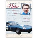 Wonderful Nephew Birthday Card with Classic Sports Car and Personalised Photo Option