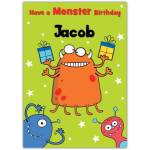 Personalised Monster Birthday Card with Fun Cartoon Monsters for Kids Jacob Name Option