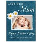 Personalised Happy Mothers Day Card with Photo Love You Mum Blue Daisy Design