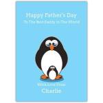 Personalised Penguin Dad and Child Fathers Day Card with Custom Name on Blue Background