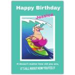 Funny Happy Birthday Card for Older Women Surfing Personalised Names Option