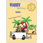 Personalised Boys Happy Birthday Beach Fun Card with Sun and Car Design