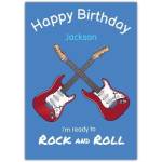 Personalised Boys Rock and Roll Guitar Birthday Card Blue Design