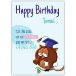 Personalised School Blues Birthday Card with Bored Owl Graduation Design for Boys