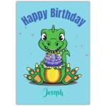Personalised Boys Happy Birthday Card with Cute Alligator Holding Cake on Blue Background
