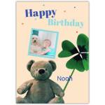 Personalised Happy Birthday Card with Teddy Bear Holding Shamrock and Photo Upload Option