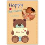 Personalised Happy Birthday Card with Photo Upload Teddy Bear Holding Love You Sign for Baby Boy