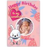 Personalised Pink Strawberry Bunny Happy Birthday Card for Baby Girl with Photo Frame