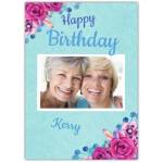 Happy Birthday Blue Background With Pink Flowers Card