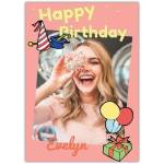 Personalised Happy Birthday Photo Card with Party Hat Balloons and Gift Design for Girls