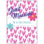 Personalised Just Married Wedding Card with Pink Hearts and Flowers for Two Names