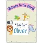 Personalised Welcome to the World Baby Boy Card with Cute Zoo Animals Illustration
