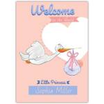 Personalised New Baby Girl Card with Stork and Pink Ribbon Welcome Little Princess Design