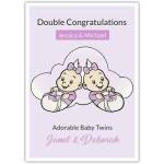 Double Congratulations Baby Twins Card with Personalised Names in Purple Design