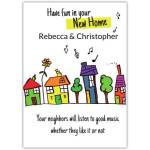 Personalised New Home Card with Colourful Hand Drawn Houses and Humorous Message