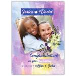 Personalised Wedding Congratulations Card with Purple Watercolour Flowers and Photo Upload