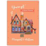 New Home Congratulations Card Orange House with Smoking Chimneys Personalised Option