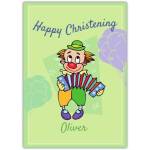 Happy Christening Card with Colourful Clown Playing Accordion Personalised Option