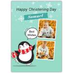 Personalised Christening Card for Boy with Penguin Design and Photo Upload Option