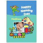 Personalised Happy Naming Day Card with Frog Caterpillar and Mushroom Photo Upload Design