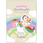 Personalised Unicorn Naming Day Card for Granddaughter with Photo and Rainbow Design