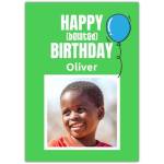 Personalised Happy Belated Birthday Card with Blue Balloon and Photo Upload on Green Background