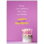 Personalised Happy Belated Birthday Card with Colourful Candles on Pink Background