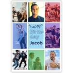 Personalised Happy Birthday Card with 8 Photo Collage Colourful Design Blue and White