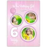 Personalised Pink Birthday Card for Girls Age 6 with Stars Balloons and Photo Upload