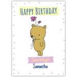 Personalised Happy Birthday Card for Girl with Teddy Bear Holding Flowers Design