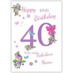 40th Birthday Card Pink Ribbon Purple Flowers and Butterflies Personalised Option