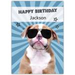 Personalised Happy Birthday Card with Cool Dog Wearing Sunglasses and Blue Starburst Background