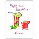 Personalised 40th Birthday Card with Red Cocktails Design and Custom Name Option