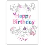 Personalised Happy Birthday Card for Girls with Butterfly and Floral Ornament Design