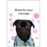 Personalised Blank Dog in Denim Jacket Greeting Card with Pink Circles Design