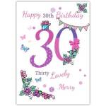 Happy 30th Birthday Card with Purple Pink Butterfly and Floral Banner Design