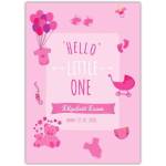 Personalised Hello Little One New Baby Girl Card with Pink Balloons and Baby Icons