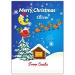 Personalised Christmas Card Santa Sleigh Flying Over Snowy Cabin with Moon Design